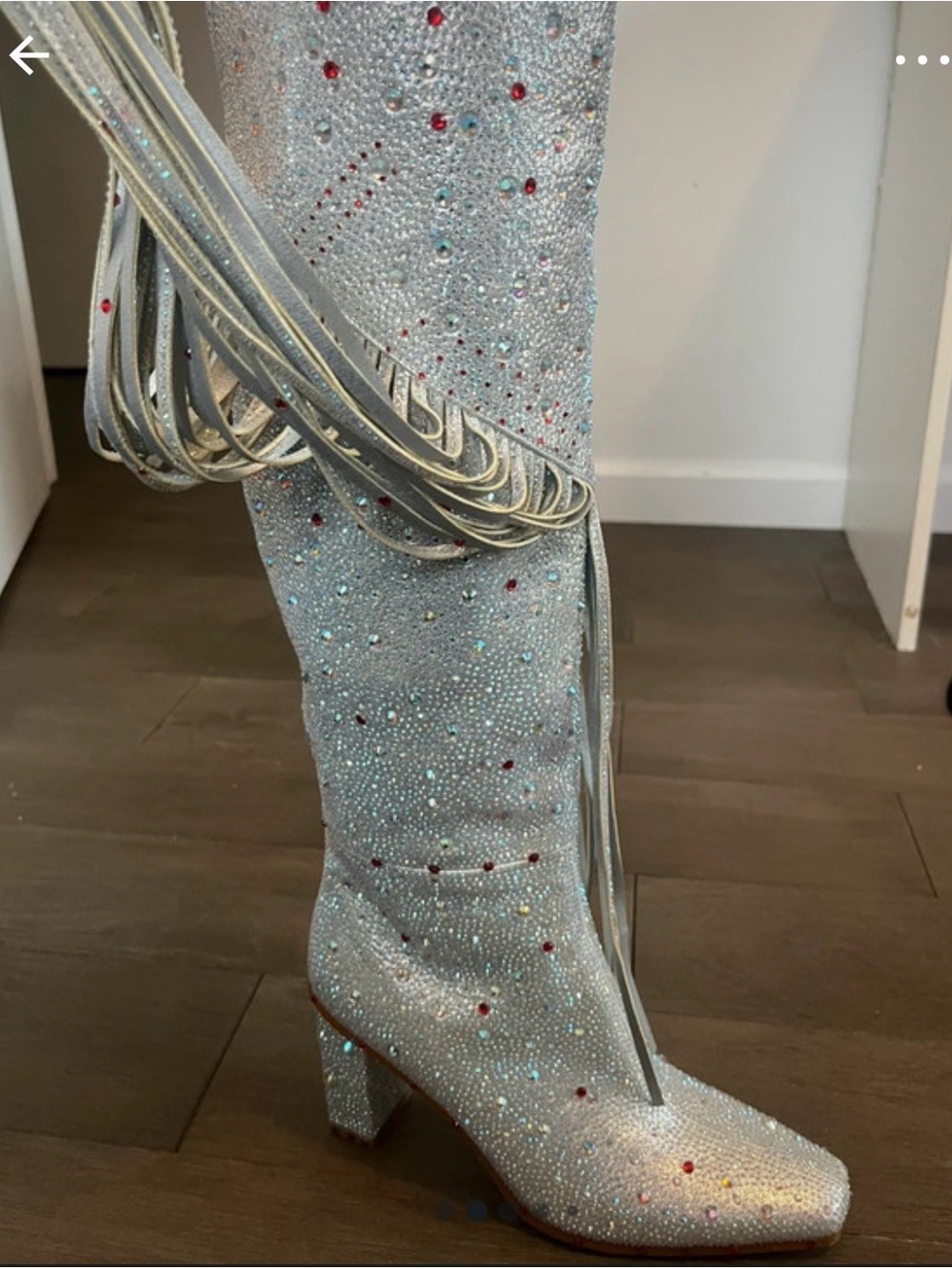 Silver Crystal Over-the-Knee Block Heel Boots with Fringe